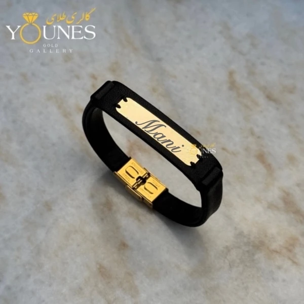 دستبند چرم مردانه طلا حکاکی اسم Mani مانی